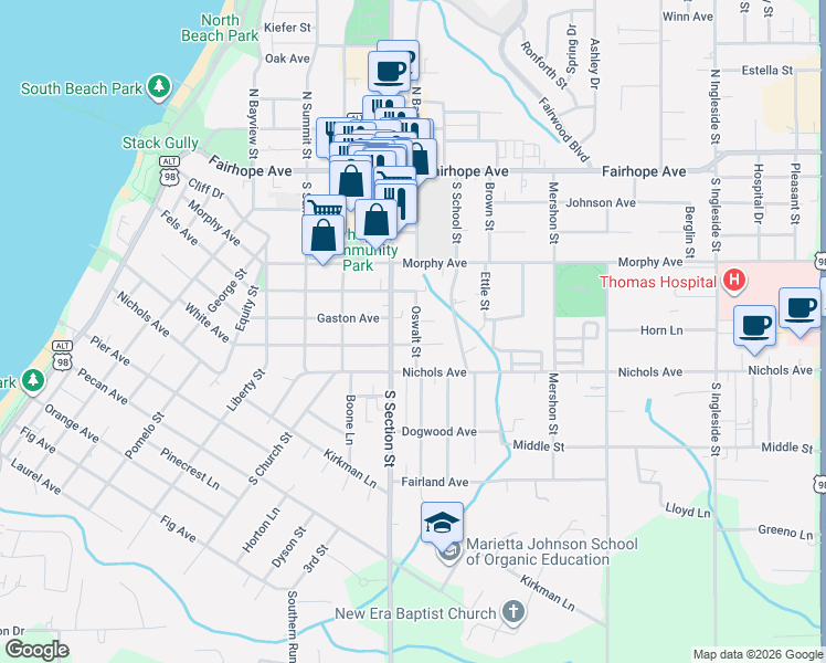 map of restaurants, bars, coffee shops, grocery stores, and more near 415 White Avenue in Fairhope