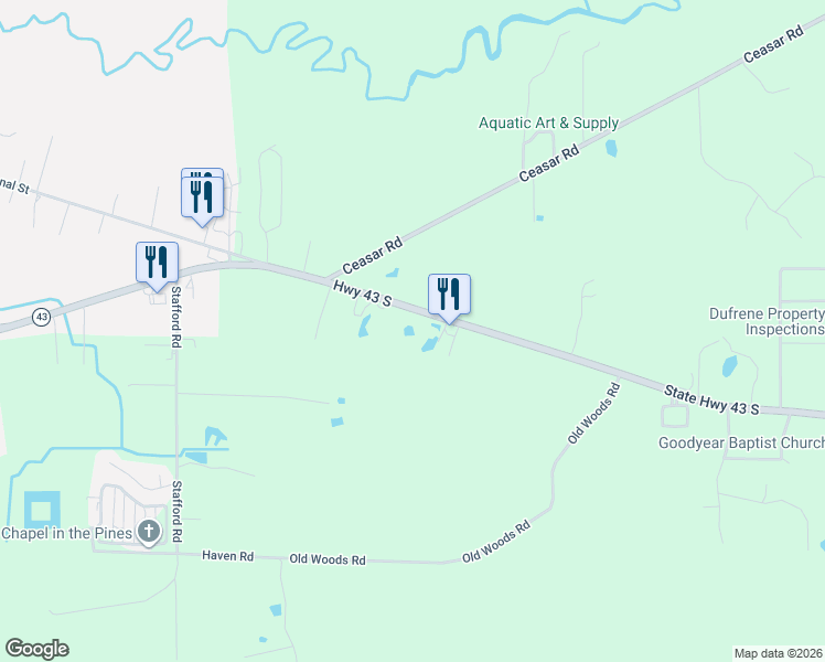 map of restaurants, bars, coffee shops, grocery stores, and more near 2498 Mississippi 43 in Picayune