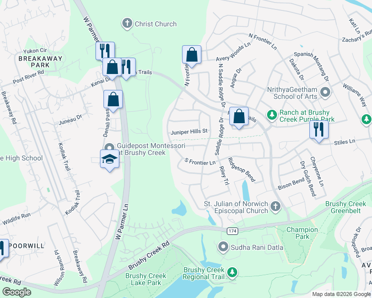 map of restaurants, bars, coffee shops, grocery stores, and more near 3704 Longhorn Acres Street in Cedar Park