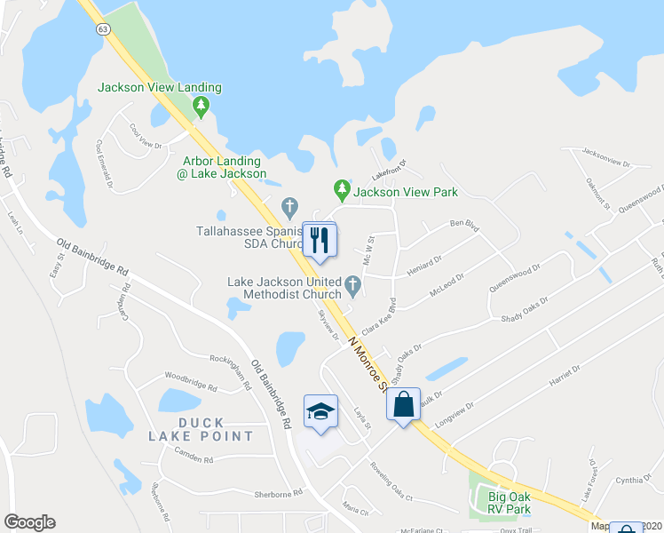 map of restaurants, bars, coffee shops, grocery stores, and more near 2414 Manzanita Court in Tallahassee