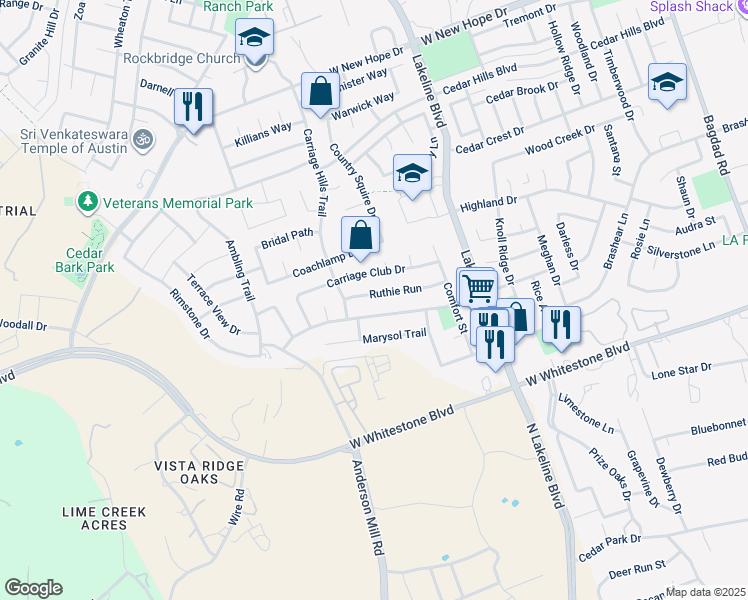 map of restaurants, bars, coffee shops, grocery stores, and more near 1904 Ruthie Run in Cedar Park