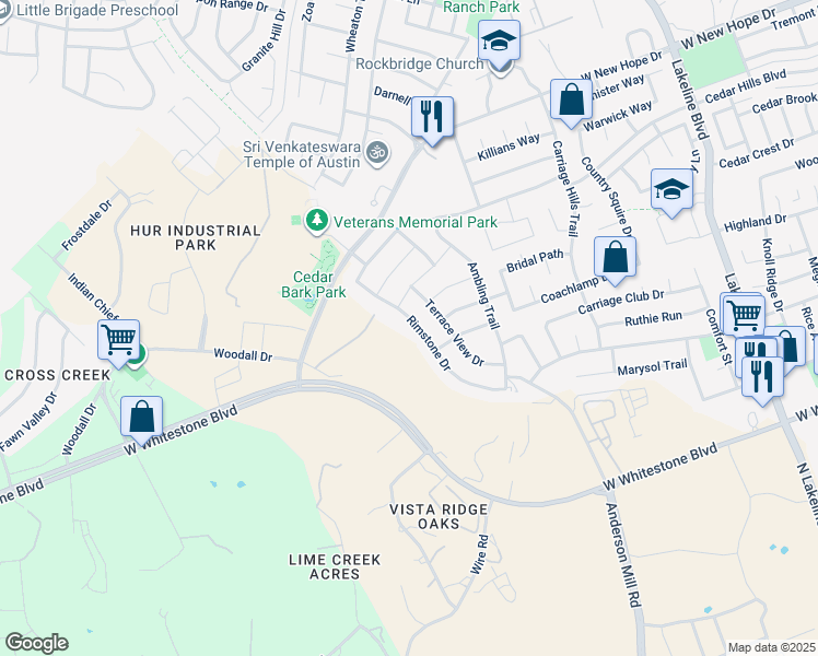 map of restaurants, bars, coffee shops, grocery stores, and more near 1513 Rimstone Drive in Cedar Park