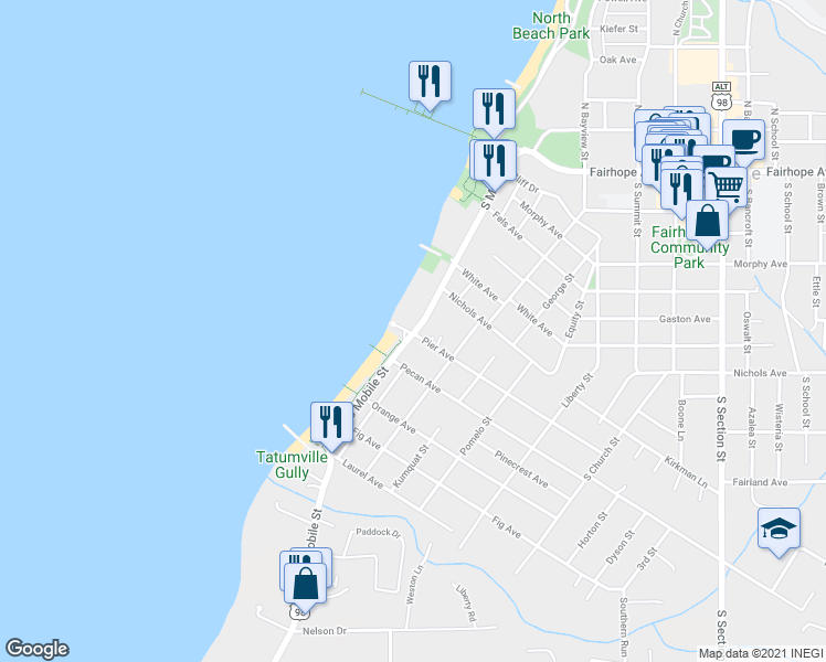 map of restaurants, bars, coffee shops, grocery stores, and more near 362 South Mobile Street in Fairhope