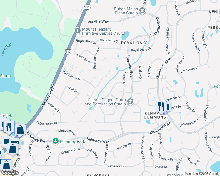 map of restaurants, bars, coffee shops, grocery stores, and more near 3664 Barbary Drive in Tallahassee
