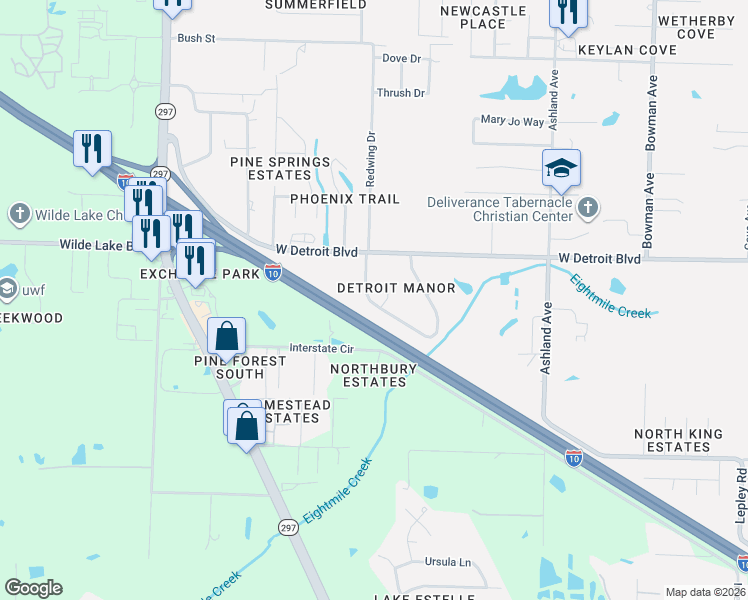 map of restaurants, bars, coffee shops, grocery stores, and more near 8327 Raleigh Circle in Pensacola