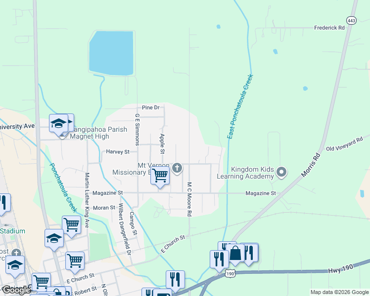 map of restaurants, bars, coffee shops, grocery stores, and more near 1201 M C Moore Road in Hammond