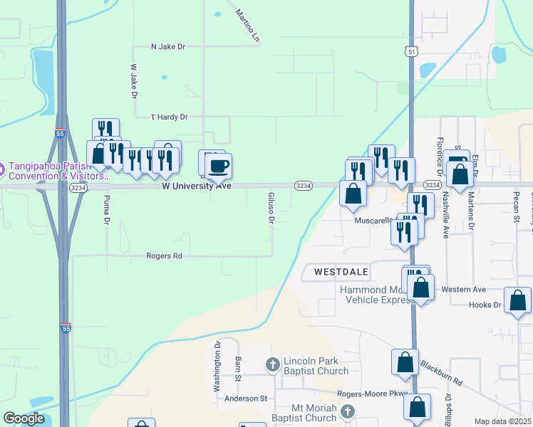 map of restaurants, bars, coffee shops, grocery stores, and more near 45486 Christopher Lane in Hammond