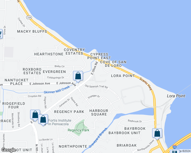 map of restaurants, bars, coffee shops, grocery stores, and more near 4651 Calle Ventoso in Pensacola