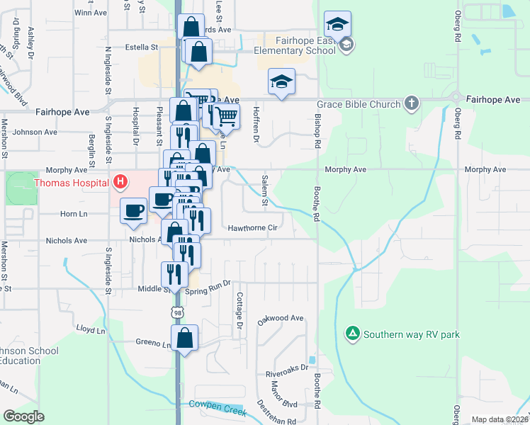 map of restaurants, bars, coffee shops, grocery stores, and more near 408 Scarlett Avenue in Fairhope