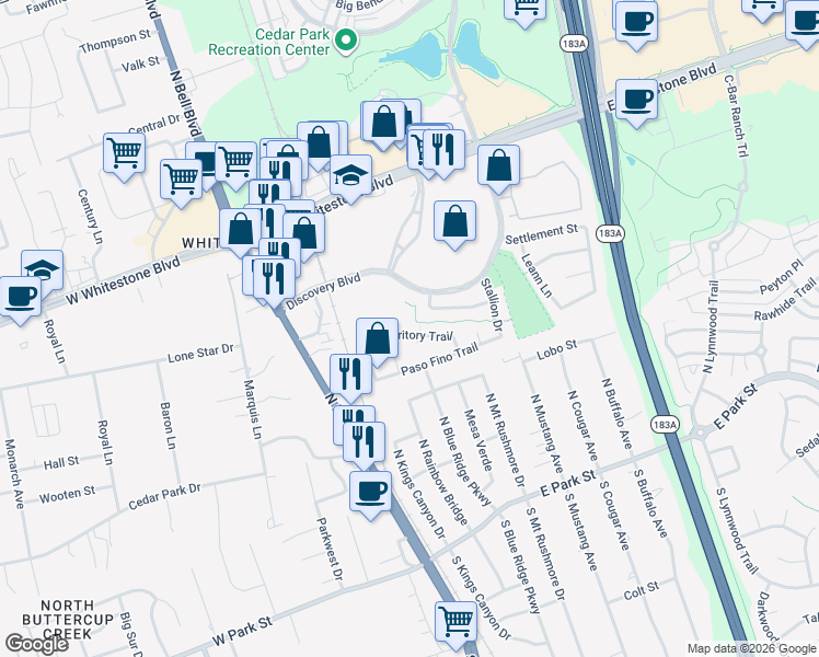 map of restaurants, bars, coffee shops, grocery stores, and more near 427 Territory Trail in Cedar Park