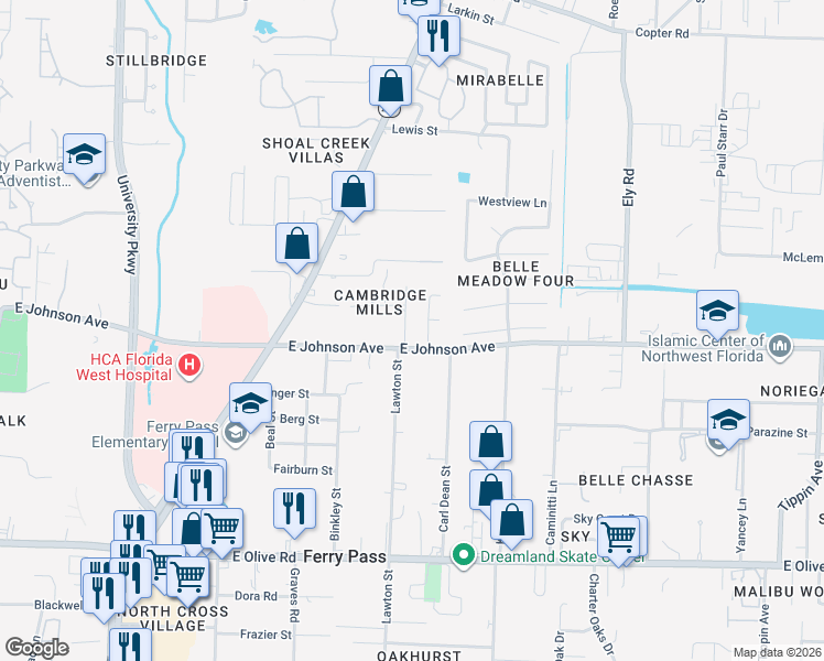 map of restaurants, bars, coffee shops, grocery stores, and more near 8408 Millstream Drive in Pensacola