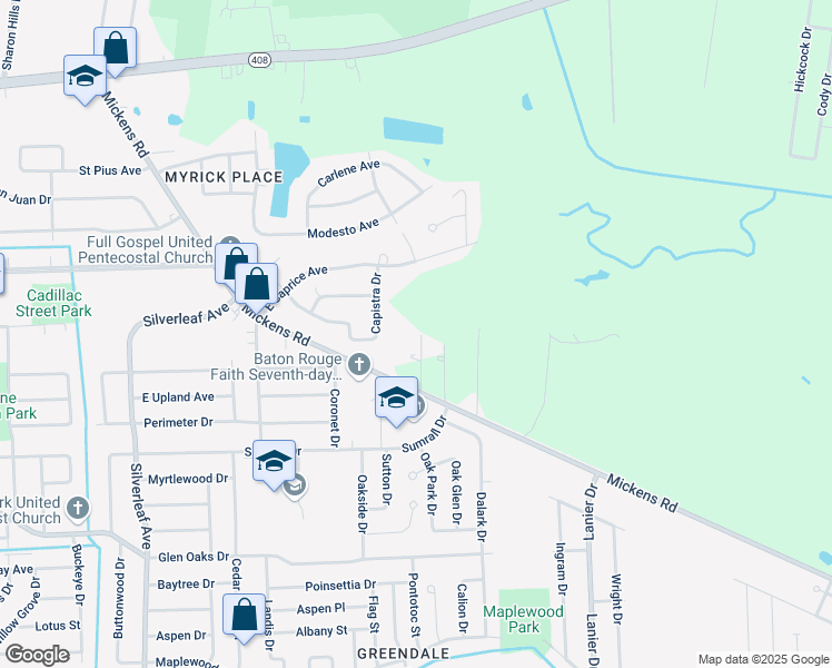map of restaurants, bars, coffee shops, grocery stores, and more near 7575 Mickens Road in Baton Rouge