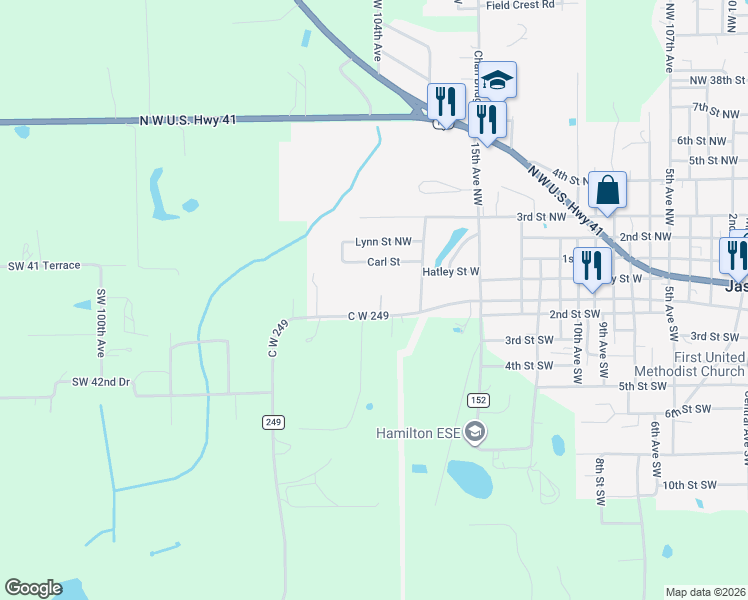 map of restaurants, bars, coffee shops, grocery stores, and more near 11966 Southwest Co Road 249 in Jasper