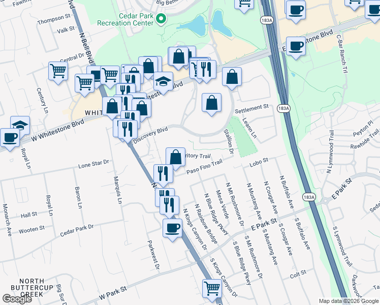 map of restaurants, bars, coffee shops, grocery stores, and more near 420 Territory Trail in Cedar Park