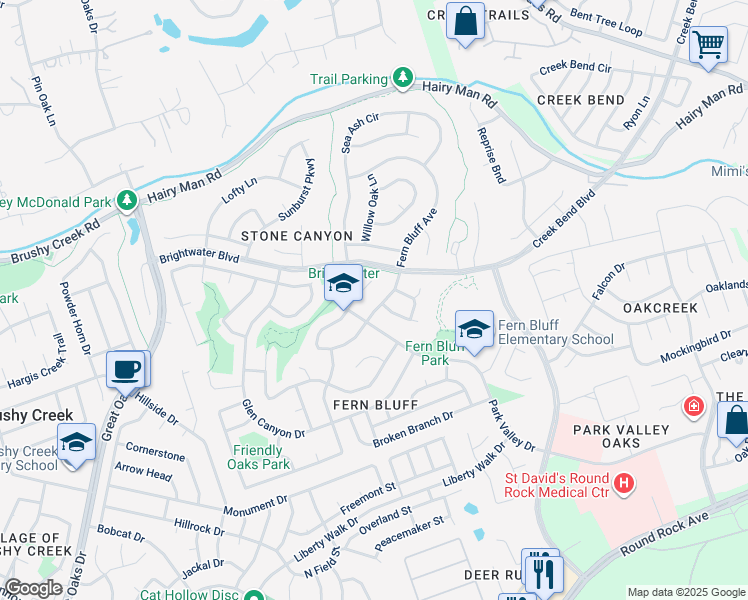 map of restaurants, bars, coffee shops, grocery stores, and more near 8424 Fern Bluff Avenue in Round Rock