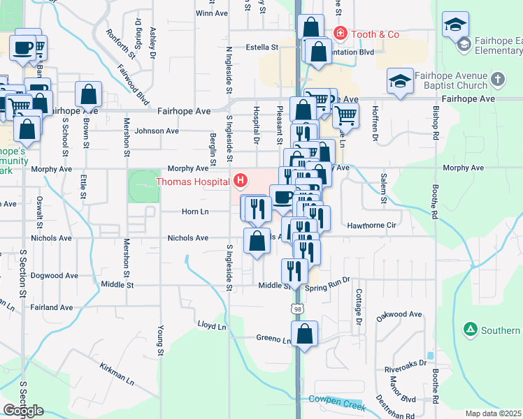 map of restaurants, bars, coffee shops, grocery stores, and more near 765 Northrop Avenue in Fairhope