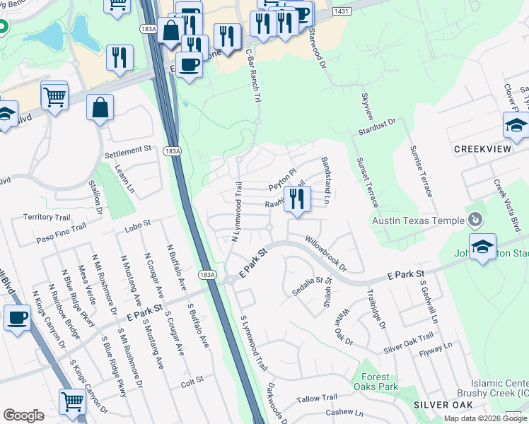 map of restaurants, bars, coffee shops, grocery stores, and more near 919 Bogart Road in Cedar Park