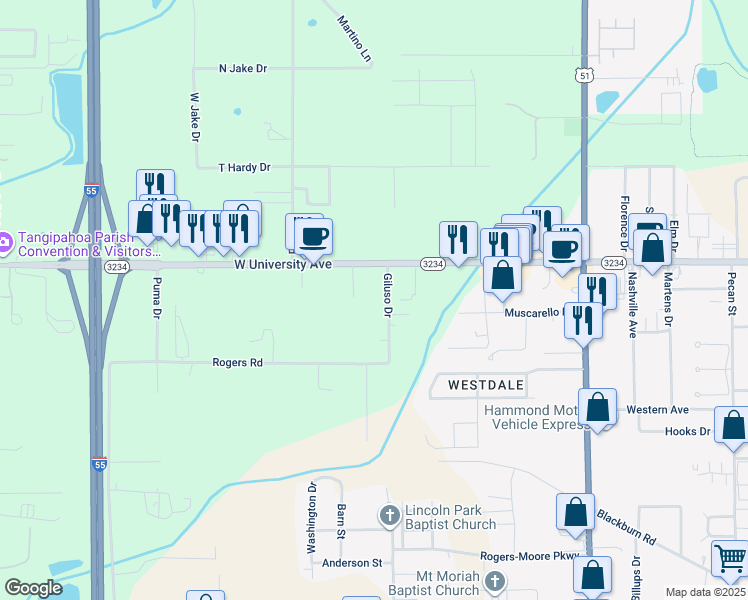 map of restaurants, bars, coffee shops, grocery stores, and more near 45486 Christopher Lane in Hammond