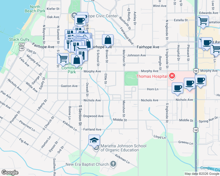 map of restaurants, bars, coffee shops, grocery stores, and more near 205 Cain Lane in Fairhope