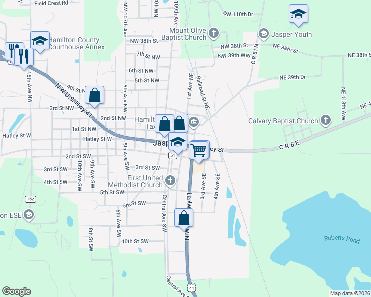 map of restaurants, bars, coffee shops, grocery stores, and more near 317 1st Ave SE in Jasper