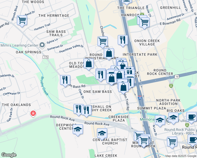 map of restaurants, bars, coffee shops, grocery stores, and more near 1050 Meadows Drive in Round Rock