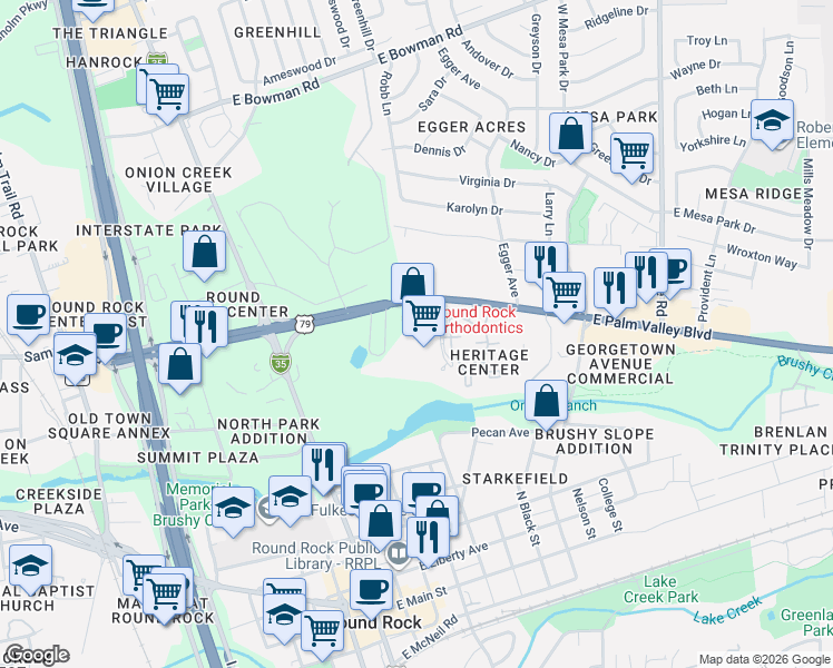 map of restaurants, bars, coffee shops, grocery stores, and more near 503 Palm Valley Boulevard in Round Rock