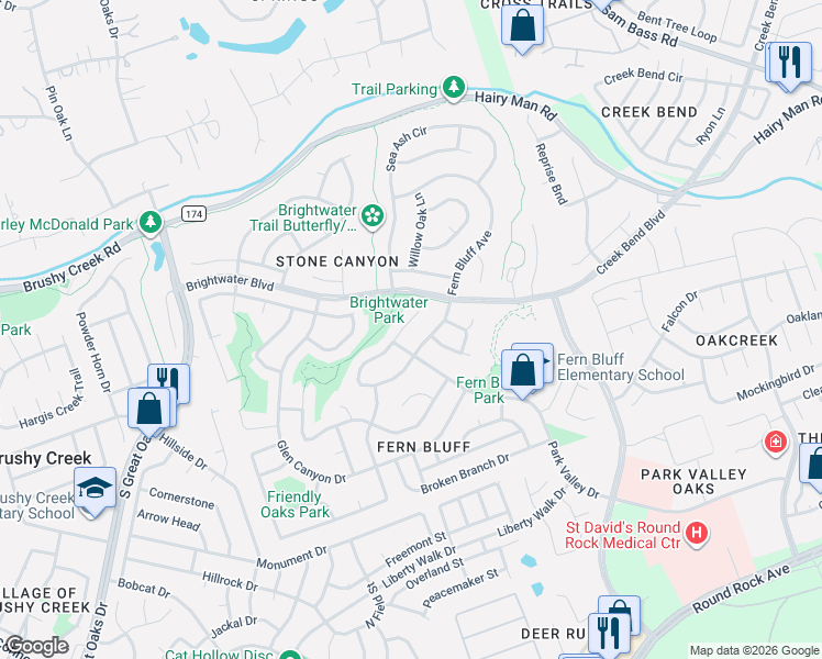 map of restaurants, bars, coffee shops, grocery stores, and more near 8428 Fern Bluff Avenue in Round Rock