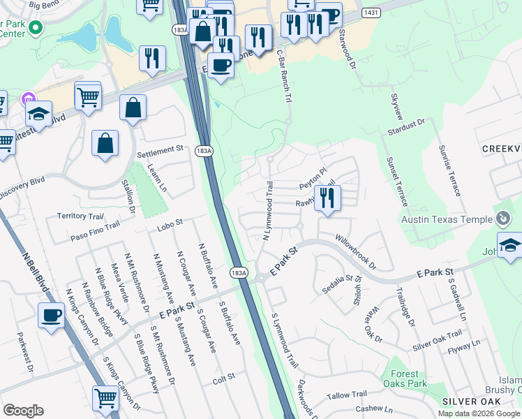 map of restaurants, bars, coffee shops, grocery stores, and more near 814 Bogart Road in Cedar Park