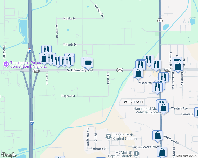 map of restaurants, bars, coffee shops, grocery stores, and more near 45486 Christopher Lane in Hammond