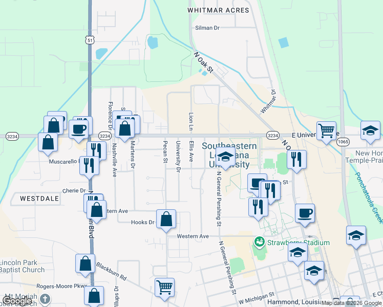 map of restaurants, bars, coffee shops, grocery stores, and more near 1512 Ellis Drive in Hammond