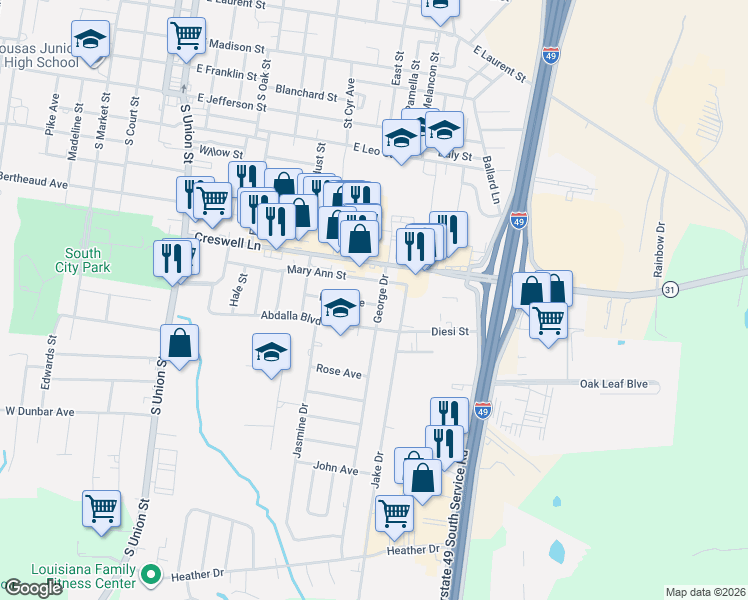 map of restaurants, bars, coffee shops, grocery stores, and more near 952 Mary Avenue in Opelousas