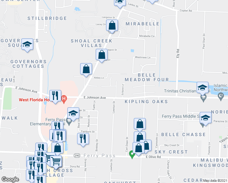 map of restaurants, bars, coffee shops, grocery stores, and more near 8413 Millstream Drive in Pensacola