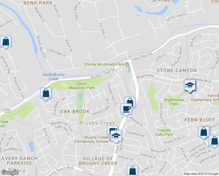 map of restaurants, bars, coffee shops, grocery stores, and more near Powder Horn Drive in Round Rock