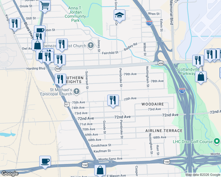 map of restaurants, bars, coffee shops, grocery stores, and more near 2222 77th Avenue in Baton Rouge