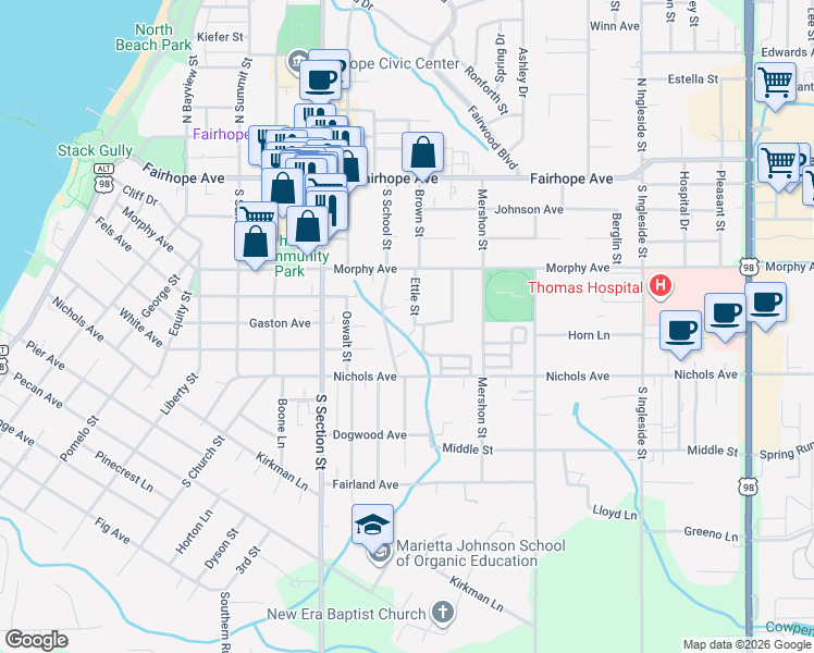 map of restaurants, bars, coffee shops, grocery stores, and more near 301 South School Street in Fairhope