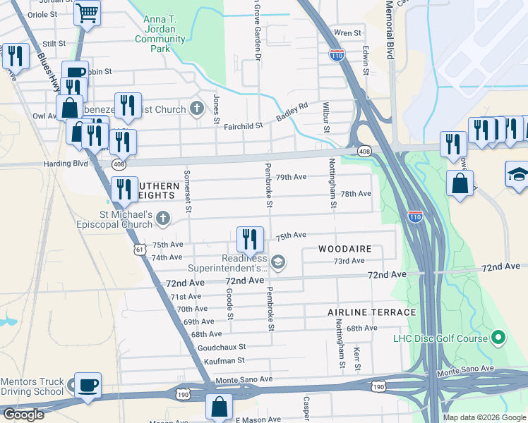 map of restaurants, bars, coffee shops, grocery stores, and more near 2436 Pembroke Street in Baton Rouge