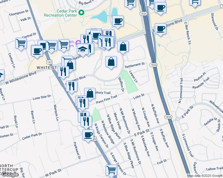 map of restaurants, bars, coffee shops, grocery stores, and more near 503 Dry Bean Cove in Cedar Park