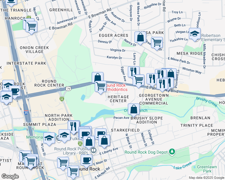 map of restaurants, bars, coffee shops, grocery stores, and more near 515 Palm Valley Boulevard in Round Rock