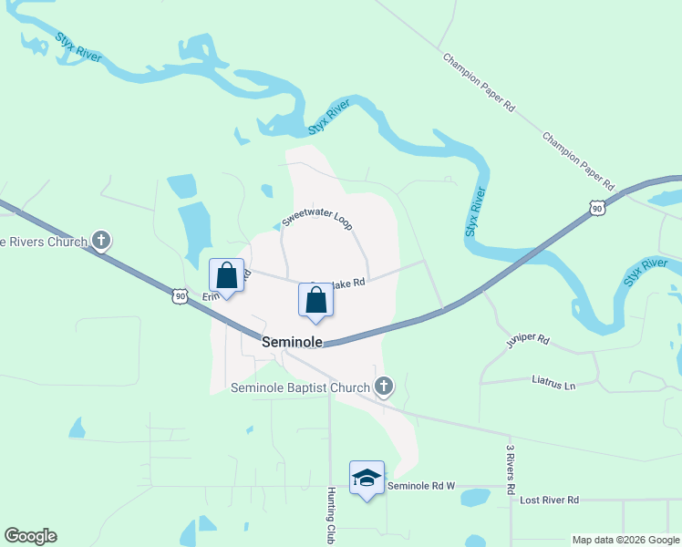 map of restaurants, bars, coffee shops, grocery stores, and more near 32296 Riverlake Rd in Baldwin