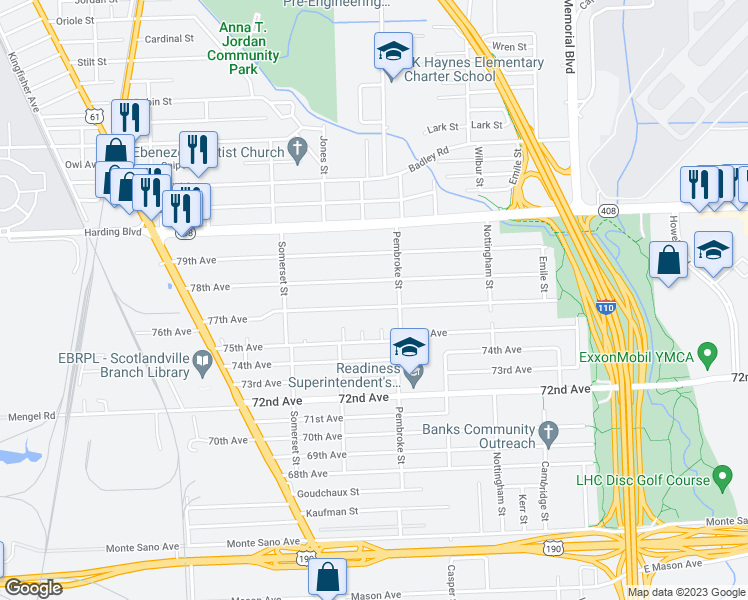 map of restaurants, bars, coffee shops, grocery stores, and more near 2257 77th Avenue in Baton Rouge