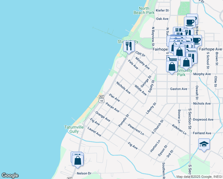 map of restaurants, bars, coffee shops, grocery stores, and more near 362 South Mobile Street in Fairhope