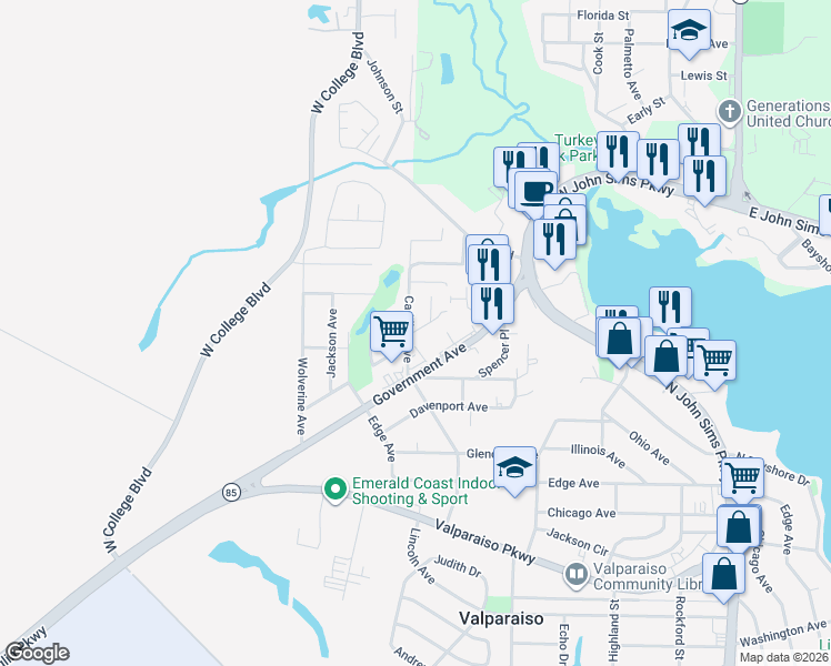 map of restaurants, bars, coffee shops, grocery stores, and more near 102 Buddy Phelps Drive in Niceville