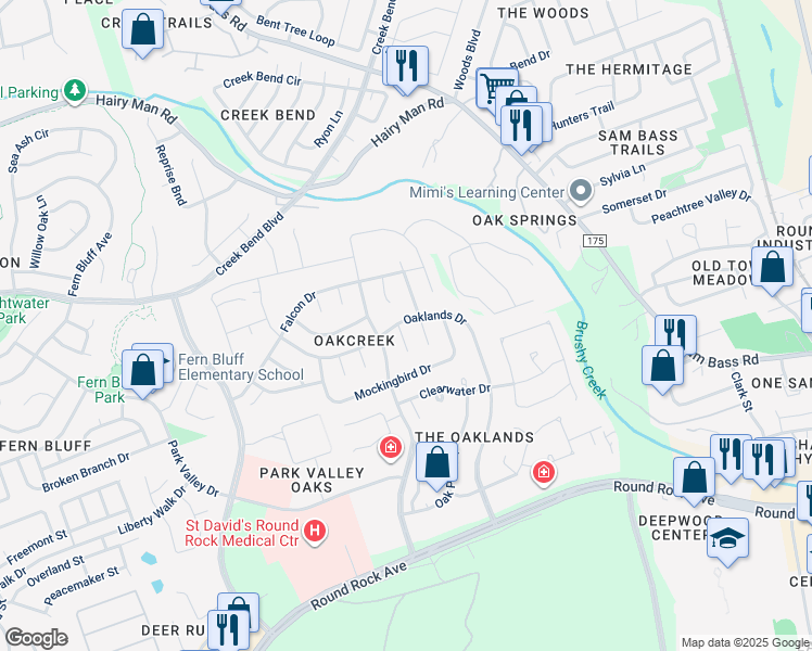 map of restaurants, bars, coffee shops, grocery stores, and more near 1015 Hawk Court in Round Rock
