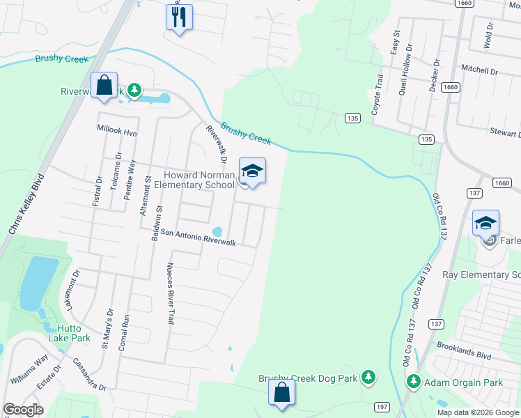 map of restaurants, bars, coffee shops, grocery stores, and more near 107 Liard River Road in Hutto
