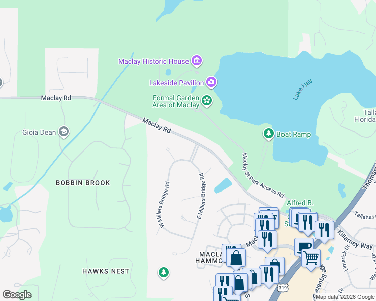 map of restaurants, bars, coffee shops, grocery stores, and more near 3763 East Millers Bridge Road in Tallahassee