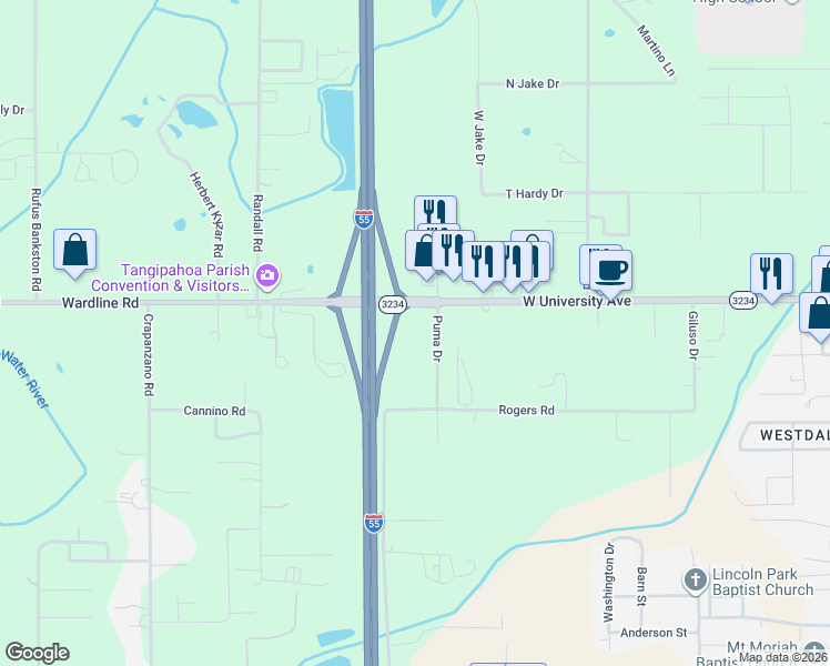 map of restaurants, bars, coffee shops, grocery stores, and more near West University Avenue in Hammond