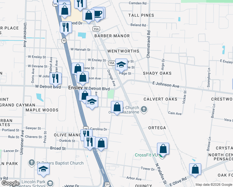 map of restaurants, bars, coffee shops, grocery stores, and more near 8430 Pittman Avenue in Pensacola