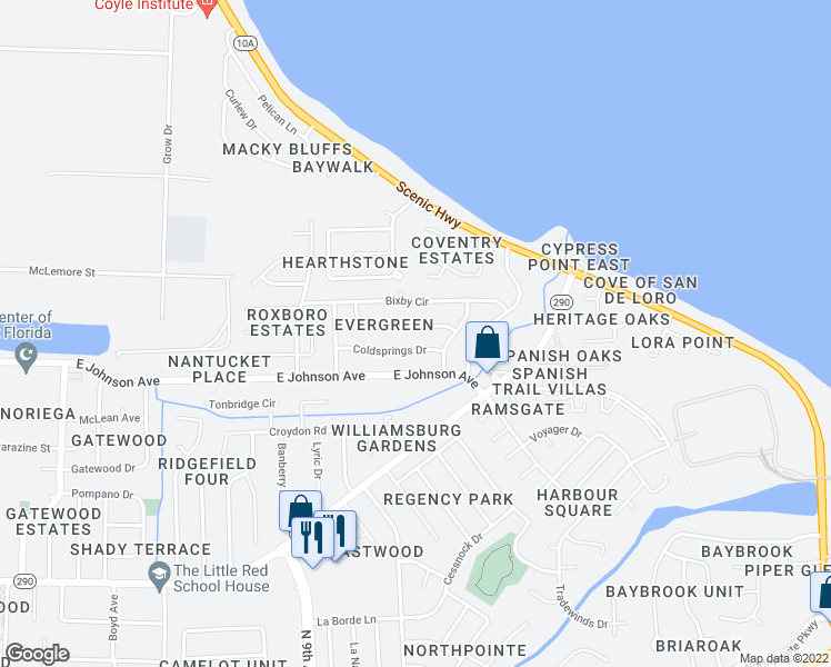 map of restaurants, bars, coffee shops, grocery stores, and more near 4329 Wycliff Drive in Pensacola