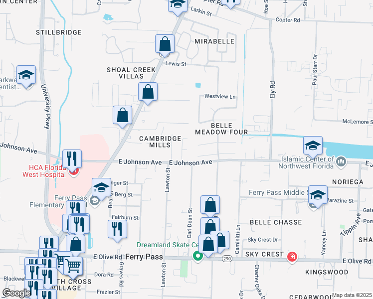 map of restaurants, bars, coffee shops, grocery stores, and more near 14 Reflection Lane in Pensacola