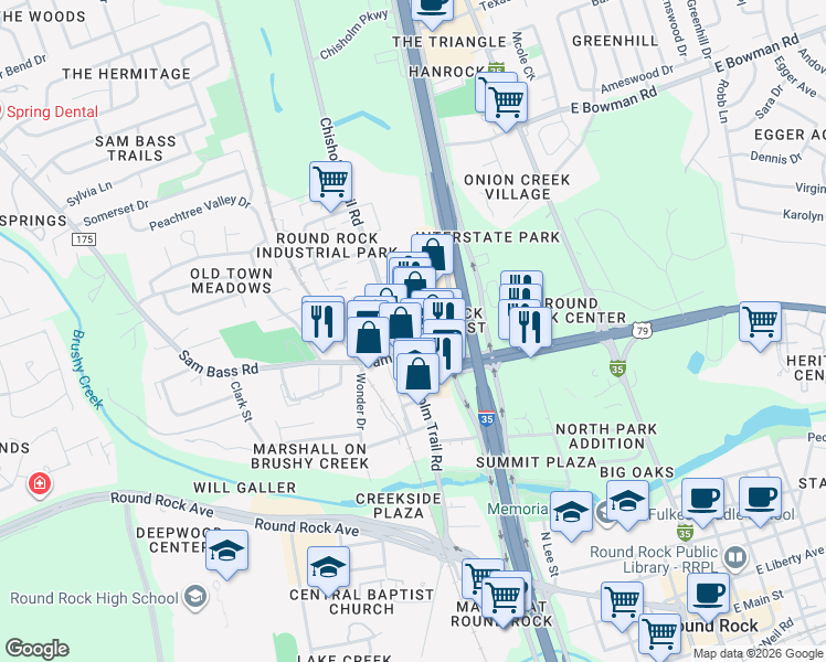 map of restaurants, bars, coffee shops, grocery stores, and more near 1108 North Interstate Highway 35 in Round Rock
